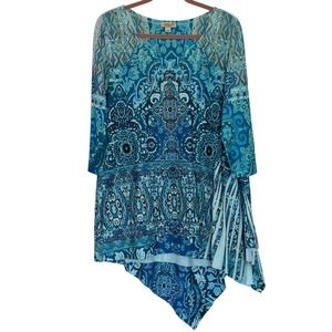 ONE WORLD Women Size L Printed Rhinestone Embellished Turquoise Hi-Lo Knit Tunic